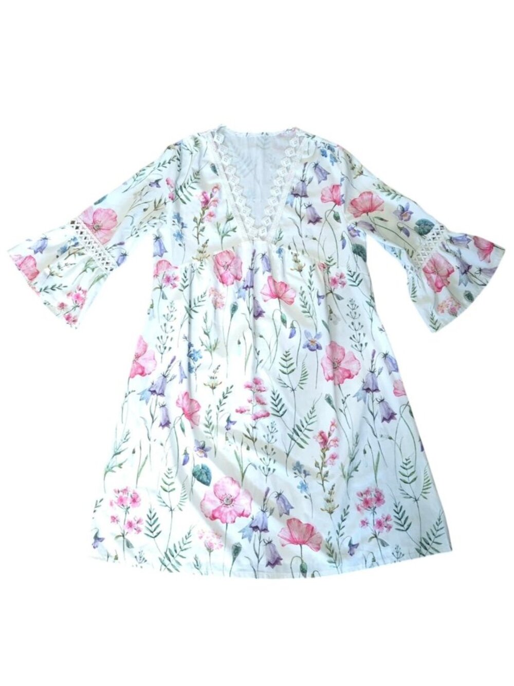 Floral V-Neck Dress Bell Sleeves Lace Trim NWOT Multicolor